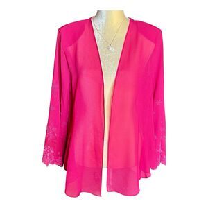 Hot Pink Chiffon Open Front  Kimono Style Coverup Sz XL Embroidered Sleeve Fancy
